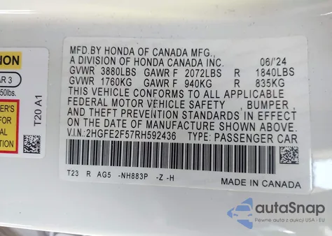 2024 Honda Civic Sport from USA, damaged, VIN 2HGFE2F57RH592436
